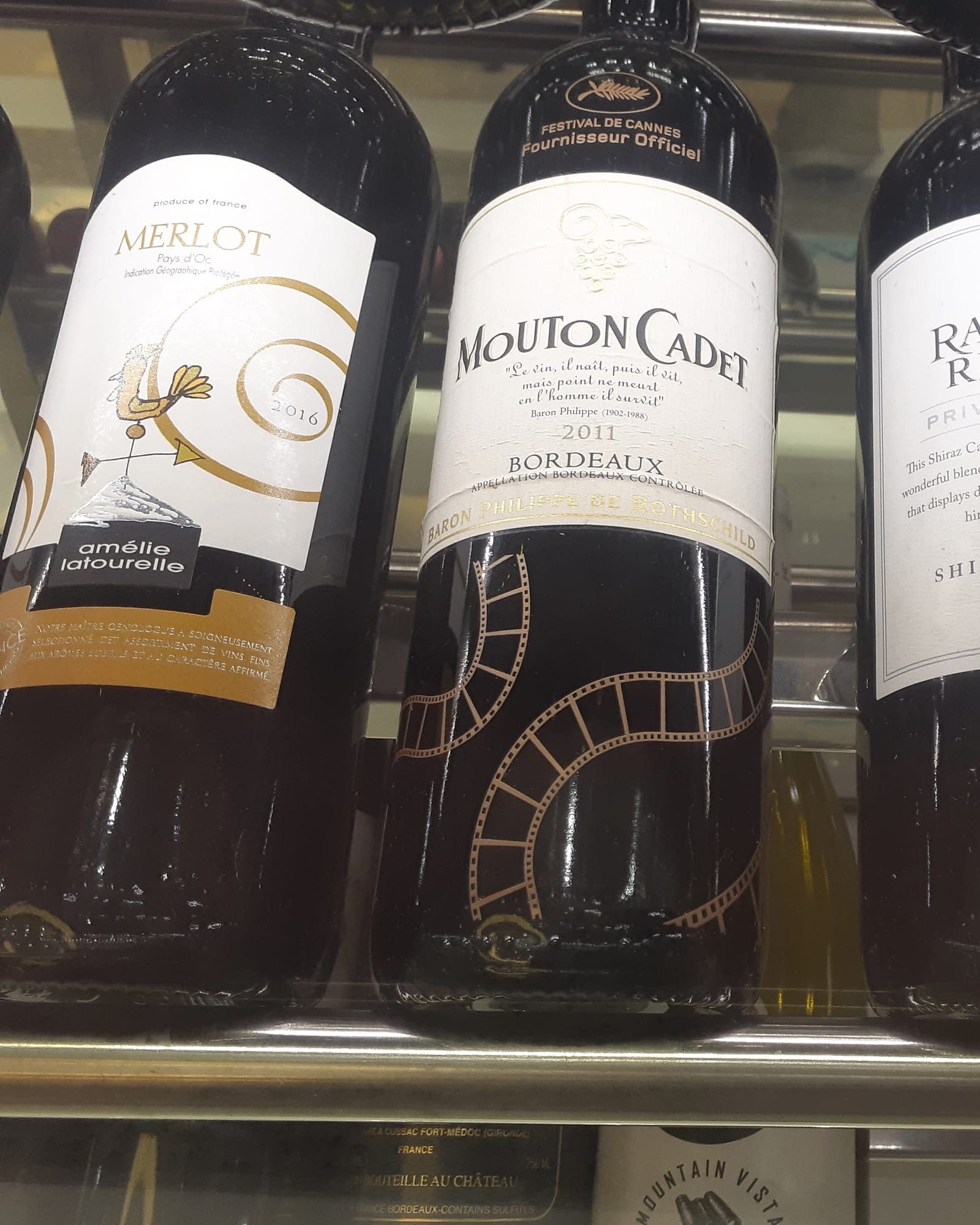Wine bottles racked on a shop shelf.